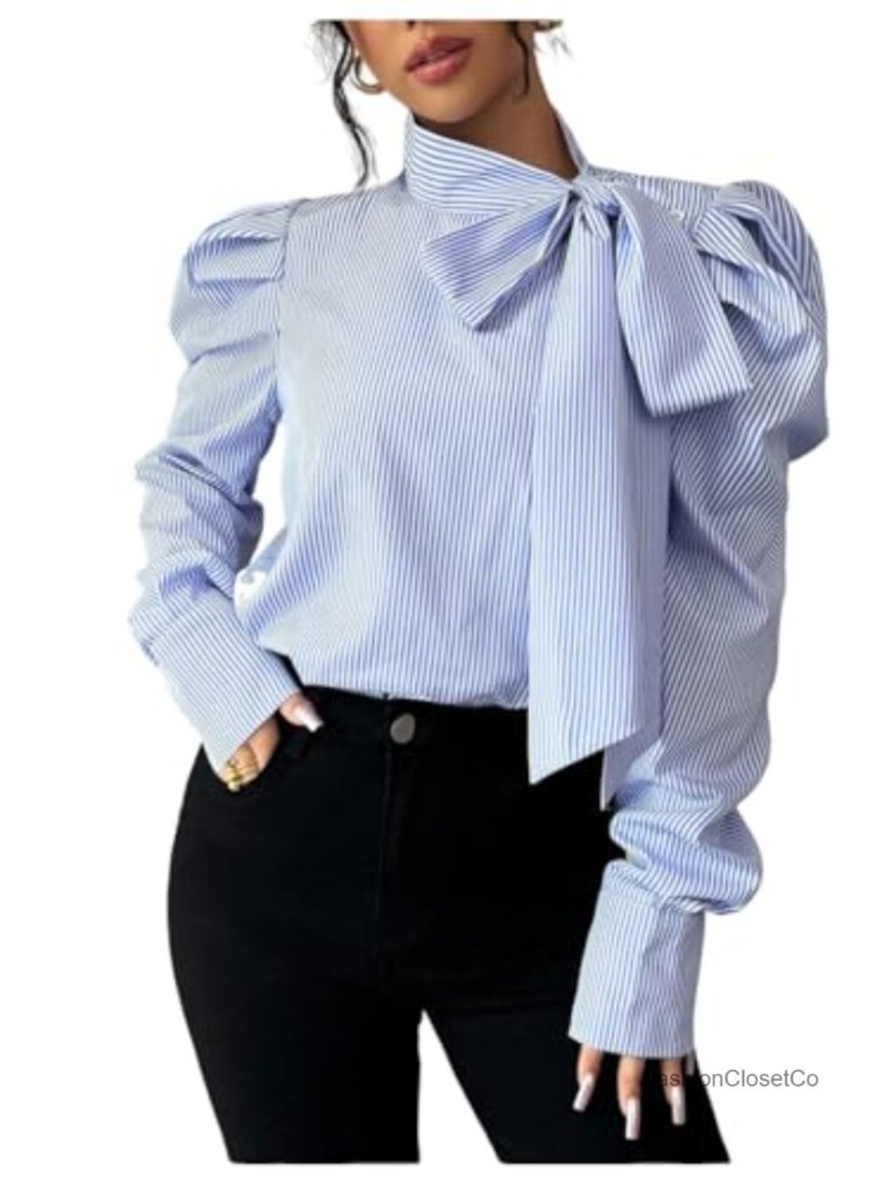 Striped Tie Neck Long Sleeve Blouse Business Casual Work Top